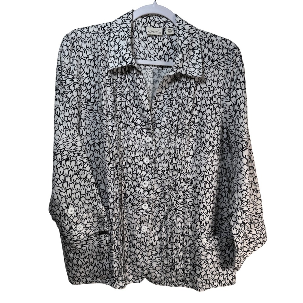 Kim Rogers Petite PXL Black White Floral Linen Pintuck 3/4 Sleeve Button Shacket